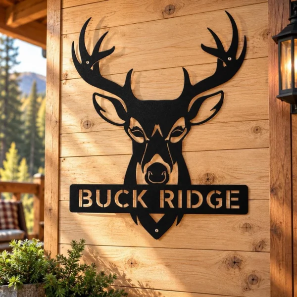 Custom deer buck antlers metal sign personalized with a name, featuring laser-cut hunting wall art for rustic cabins, lodges, garages, and man caves.