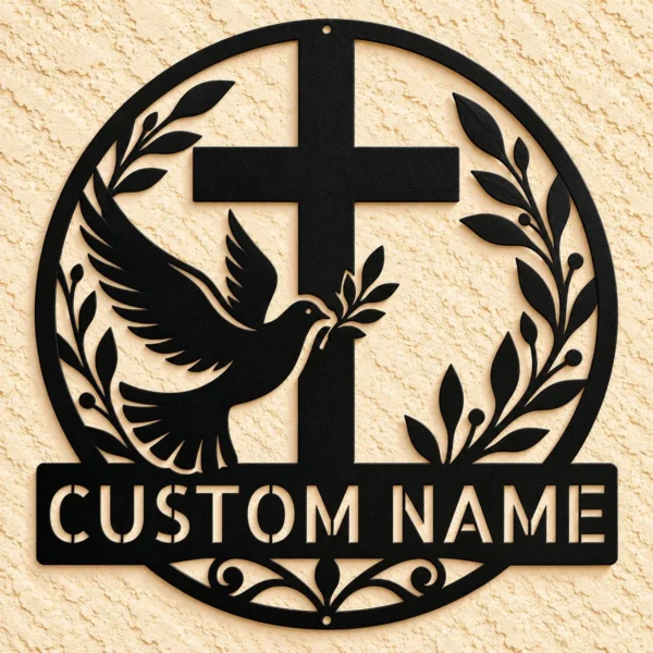 Custom Dove And Cross Metal Sign Personalized Name Religious Wall Art Decor Gift Custom dove and cross metal sign in 16 gauge steel with personalized name for Christian wall decor, home, church, prayer room, garden and gift art.