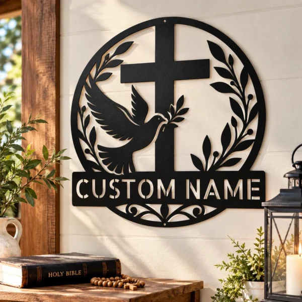Custom Dove And Cross Metal Sign Personalized Name Religious Wall Art Decor Gift Custom dove and cross metal sign in 16 gauge steel with personalized name for Christian wall decor, home, church, prayer room, garden and gift art.