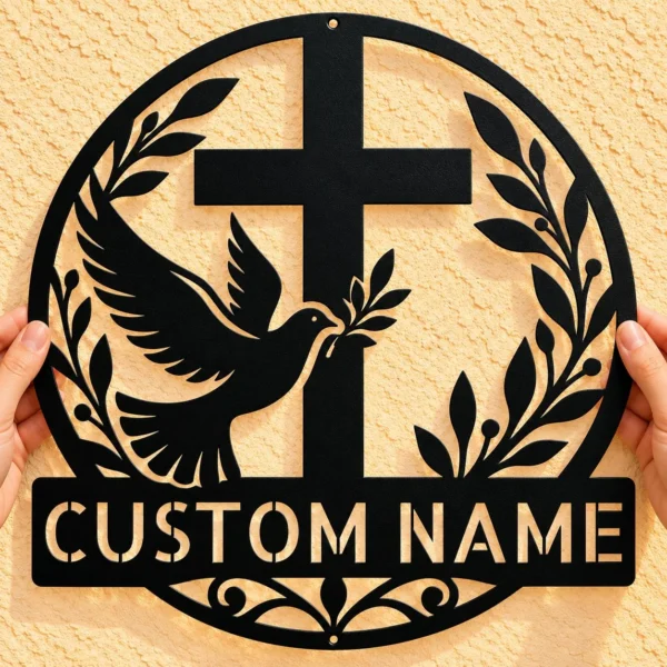 Custom Dove And Cross Metal Sign Personalized Name Religious Wall Art Decor Gift Custom dove and cross metal sign in 16 gauge steel with personalized name for Christian wall decor, home, church, prayer room, garden and gift art.
