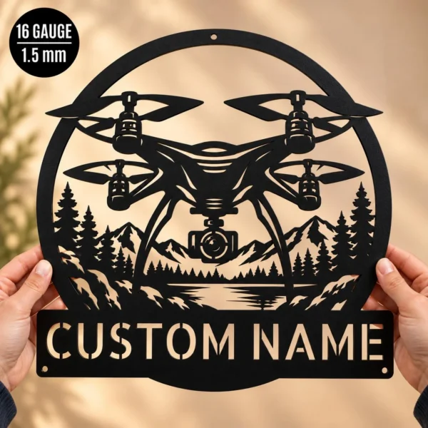 Custom Drone Metal Sign Aerial Art For Drone Pilots Custom drone metal sign in 16 gauge steel for aerial wall decor, personalized drone pilot plaque for tech lovers, studios, and office gift art.