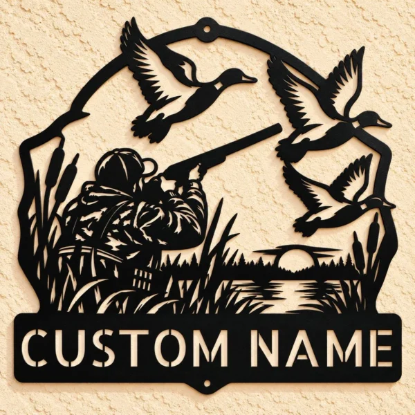 Custom Duck Hunting Metal Sign Personalized Mallard Cabin Wall Decor Custom duck hunting metal sign personalized with a name, featuring mallard-inspired laser-cut wall art for hunting cabins, lodges, garages, and man caves.