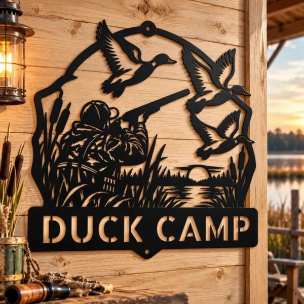 Custom Duck Hunting Metal Sign Personalized Mallard Cabin Wall Decor Custom duck hunting metal sign personalized with a name, featuring mallard-inspired laser-cut wall art for hunting cabins, lodges, garages, and man caves.