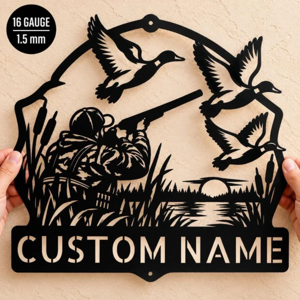 Custom Duck Hunting Metal Sign Personalized Mallard Cabin Wall Decor Custom duck hunting metal sign personalized with a name, featuring mallard-inspired laser-cut wall art for hunting cabins, lodges, garages, and man caves.