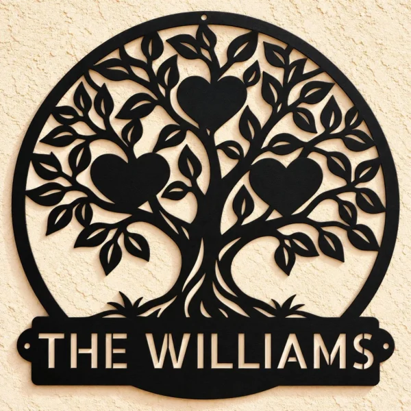 Custom Family Tree Metal Sign in 16 gauge steel for custom family name wall decor, home plaque for wedding, housewarming and gift art.