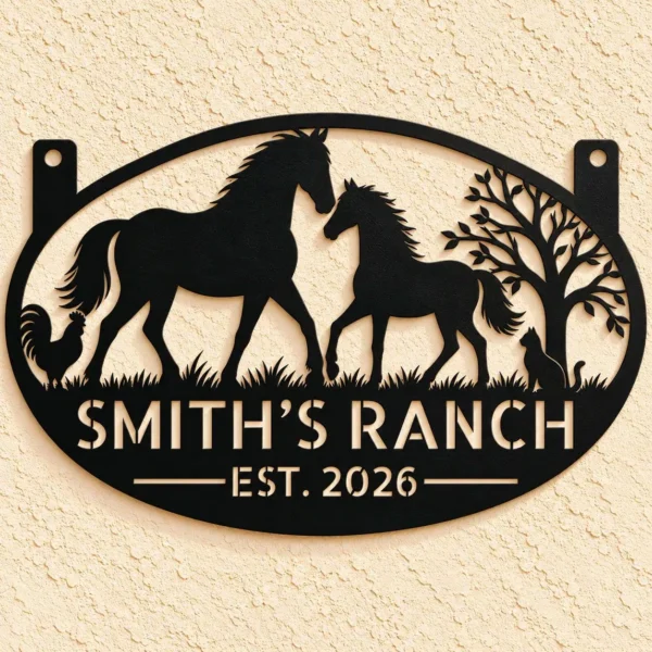Custom Farmhouse Metal Sign Personalized Ranch Name Farm Gate Decor Custom farmhouse metal sign featuring a ranch name or family text, designed for farm gates, barn entrances, rustic properties, and country home decor.