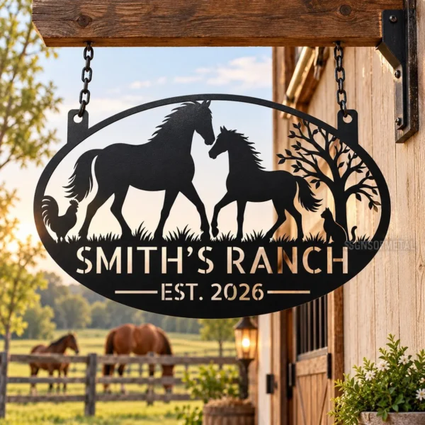 Custom Farmhouse Metal Sign Personalized Ranch Name Farm Gate Decor Custom farmhouse metal sign featuring a ranch name or family text, designed for farm gates, barn entrances, rustic properties, and country home decor.
