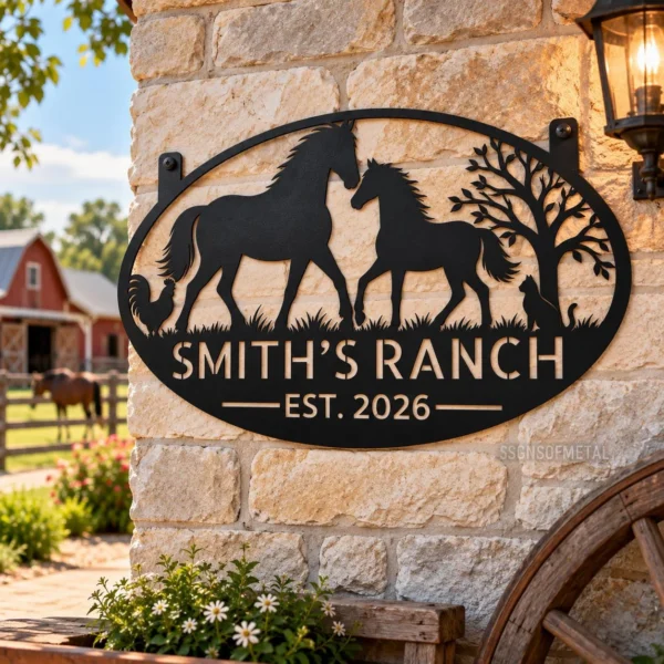 Custom Farmhouse Metal Sign Personalized Ranch Name Farm Gate Decor Custom farmhouse metal sign featuring a ranch name or family text, designed for farm gates, barn entrances, rustic properties, and country home decor.
