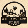Custom farmstead landscape metal sign in 16 gauge steel with personalized family farm name for farmhouse wall decor, barn, ranch, porch and gift art.