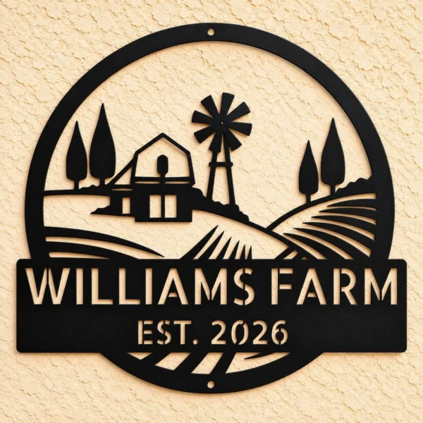 Custom Farmstead Landscape Metal Sign Personalized Family Farm House Wall Decor Custom farmstead landscape metal sign in 16 gauge steel with personalized family farm name for farmhouse wall decor, barn, ranch, porch and gift art.