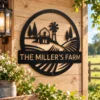 Custom farmstead landscape metal sign in 16 gauge steel with personalized family farm name for farmhouse wall decor, barn, ranch, porch and gift art.