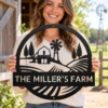 Custom farmstead landscape metal sign in 16 gauge steel with personalized family farm name for farmhouse wall decor, barn, ranch, porch and gift art.