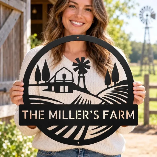 Custom farmstead landscape metal sign in 16 gauge steel with personalized family farm name for farmhouse wall decor, barn, ranch, porch and gift art.
