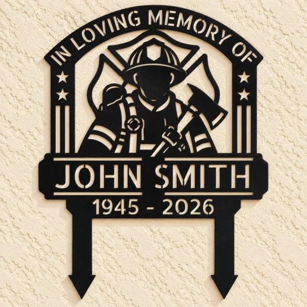 Custom firefighter memorial metal stake with personalized name and dates, fireman cemetery grave marker for fallen firefighter remembrance and sympathy gifts.