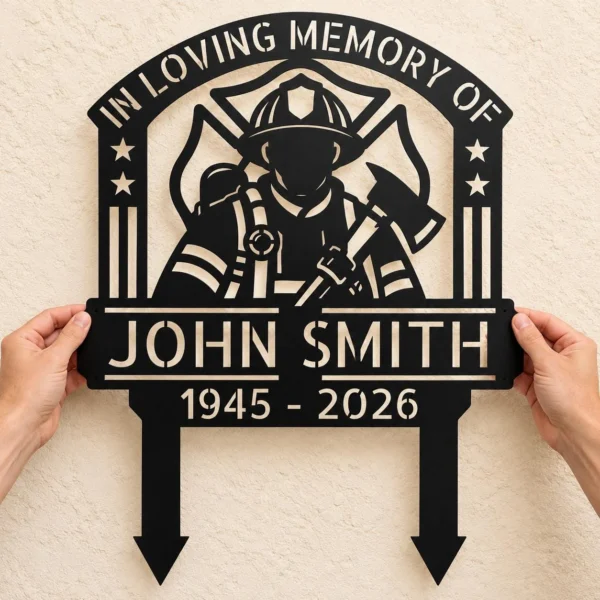 Custom Firefighter Memorial Metal Stake Personalized Fireman Cemetery Marker Custom firefighter memorial metal stake with personalized name and dates, fireman cemetery grave marker for fallen firefighter remembrance and sympathy gifts.