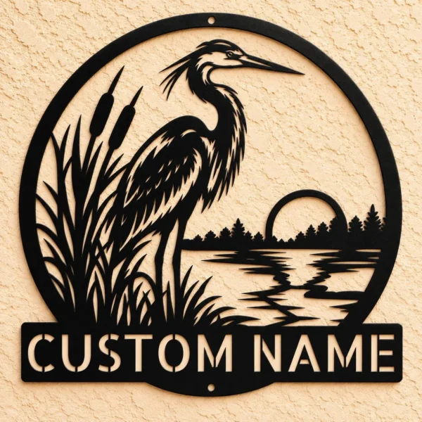 Custom Heron Metal Sign Personalized Great Blue Heron Coastal Wall Art Gift Custom Great Blue Heron metal sign in 16 gauge steel with personalized name for coastal wall decor, lake house, beach home, garden, porch and gift art.