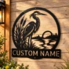 Custom Heron Metal Sign Personalized Great Blue Heron Coastal Wall Art Gift Custom Great Blue Heron metal sign in 16 gauge steel with personalized name for coastal wall decor, lake house, beach home, garden, porch and gift art.