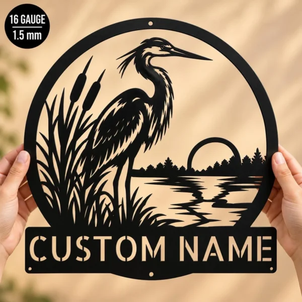 Custom Heron Metal Sign Personalized Great Blue Heron Coastal Wall Art Gift Custom Great Blue Heron metal sign in 16 gauge steel with personalized name for coastal wall decor, lake house, beach home, garden, porch and gift art.