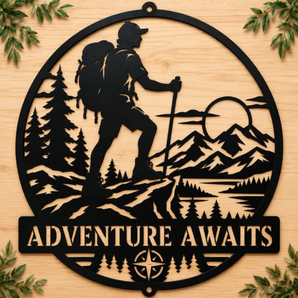 Custom Hiking Metal Sign Personalized Hiker Mountain Cabin Wall Decor Custom king lion metal sign personalized with name or family text, featuring a crowned lion design for home, office, man cave and wildlife wall decor.