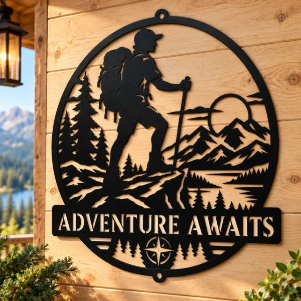 Custom Hiking Metal Sign Personalized Hiker Mountain Cabin Wall Decor Custom king lion metal sign personalized with name or family text, featuring a crowned lion design for home, office, man cave and wildlife wall decor.