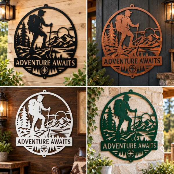 Custom Hiking Metal Sign Personalized Hiker Mountain Cabin Wall Decor Custom king lion metal sign personalized with name or family text, featuring a crowned lion design for home, office, man cave and wildlife wall decor.
