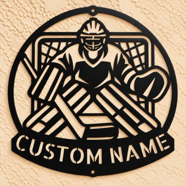 Custom hockey goalie metal sign personalized with player name and jersey number, ice hockey wall decor for bedrooms, locker rooms and goalie gifts.