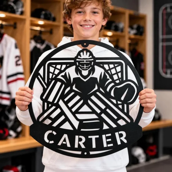 Custom Hockey Goalie Metal Sign Personalized Ice Hockey Wall Decor Custom hockey goalie metal sign personalized with player name and jersey number, ice hockey wall decor for bedrooms, locker rooms and goalie gifts.