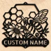 Custom Honey Bee Metal Sign Personalized Honeycomb Garden Wall Decor Custom honey bee metal sign personalized with a name, featuring honeycomb-inspired laser-cut wall art for gardens, apiaries, farmhouse kitchens, and patios.