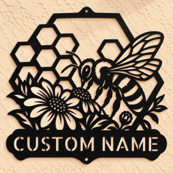 Custom Honey Bee Metal Sign Personalized Honeycomb Garden Wall Decor Custom honey bee metal sign personalized with a name, featuring honeycomb-inspired laser-cut wall art for gardens, apiaries, farmhouse kitchens, and patios.