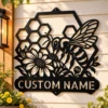 Custom Honey Bee Metal Sign Personalized Honeycomb Garden Wall Decor Custom honey bee metal sign personalized with a name, featuring honeycomb-inspired laser-cut wall art for gardens, apiaries, farmhouse kitchens, and patios.