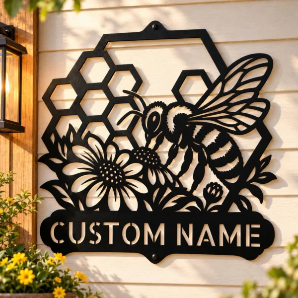 Custom Honey Bee Metal Sign Personalized Honeycomb Garden Wall Decor Custom honey bee metal sign personalized with a name, featuring honeycomb-inspired laser-cut wall art for gardens, apiaries, farmhouse kitchens, and patios.