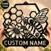 Custom Honey Bee Metal Sign Personalized Honeycomb Garden Wall Decor Custom honey bee metal sign personalized with a name, featuring honeycomb-inspired laser-cut wall art for gardens, apiaries, farmhouse kitchens, and patios.