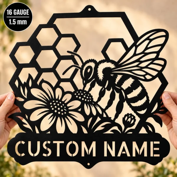 Custom Honey Bee Metal Sign Personalized Honeycomb Garden Wall Decor Custom honey bee metal sign personalized with a name, featuring honeycomb-inspired laser-cut wall art for gardens, apiaries, farmhouse kitchens, and patios.
