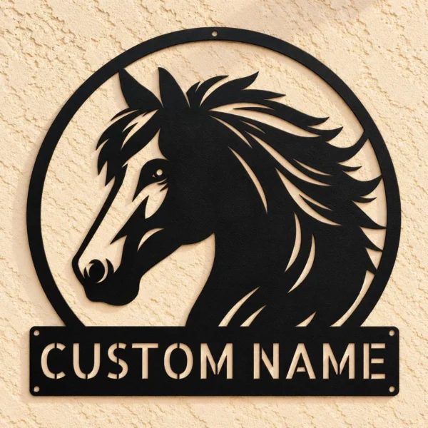 Custom Horse Head Metal Sign Personalized Horse Lover Equestrian Wall Decor Custom horse head metal sign with personalized horse or stable name, equestrian wall decor for horse lovers, riders, barns, ranches and tack rooms.