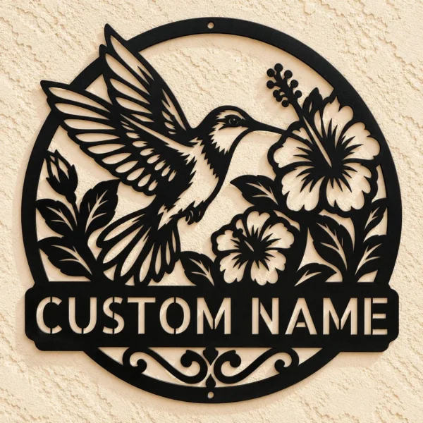 Custom Hummingbird Flower Metal Sign Personalized Garden Yard Wall Decor Custom hummingbird flower metal sign personalized with garden or family name, floral metal wall art for patios, porches, backyards and hummingbird lovers.