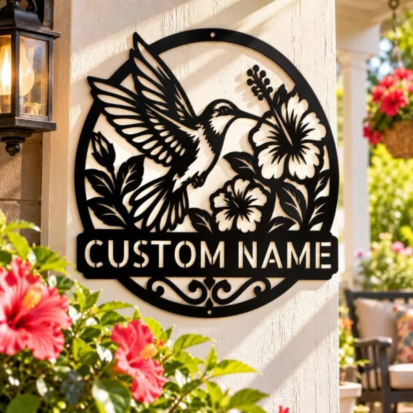 Custom Hummingbird Flower Metal Sign Personalized Garden Yard Wall Decor Custom hummingbird flower metal sign personalized with garden or family name, floral metal wall art for patios, porches, backyards and hummingbird lovers.