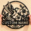 Custom Hummingbird Flower Metal Sign Personalized Garden Yard Wall Decor Custom hummingbird flower metal sign personalized with garden or family name, floral metal wall art for patios, porches, backyards and hummingbird lovers.