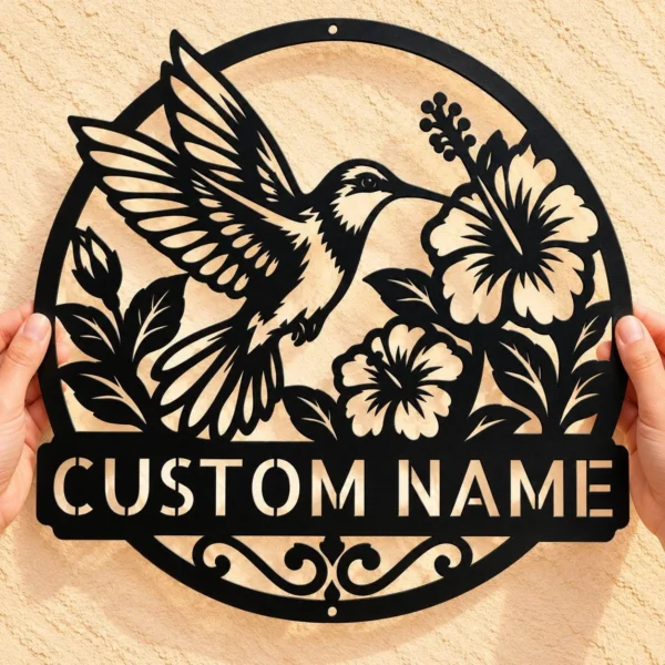 Custom Hummingbird Flower Metal Sign Personalized Garden Yard Wall Decor Custom hummingbird flower metal sign personalized with garden or family name, floral metal wall art for patios, porches, backyards and hummingbird lovers.
