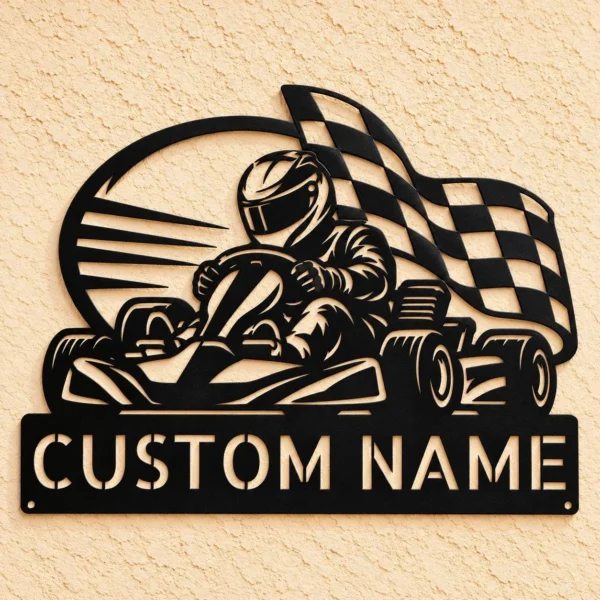 Custom karting metal sign with personalized racer name and number, go kart racing garage wall decor and motorsport gift for kart racers and racing fans.