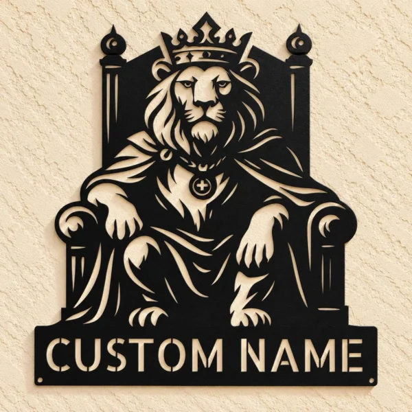 Custom King Lion Metal Sign Personalized Crowned Lion Wall Art Decor Custom king lion metal sign personalized with name or family text, featuring a crowned lion design for home, office, man cave and wildlife wall decor.