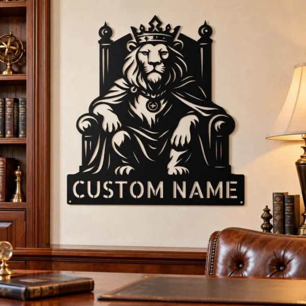 Custom King Lion Metal Sign Personalized Crowned Lion Wall Art Decor Custom king lion metal sign personalized with name or family text, featuring a crowned lion design for home, office, man cave and wildlife wall decor.
