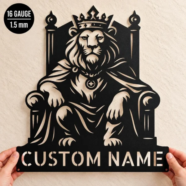 Custom King Lion Metal Sign Personalized Crowned Lion Wall Art Decor Custom king lion metal sign personalized with name or family text, featuring a crowned lion design for home, office, man cave and wildlife wall decor.