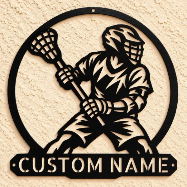 Personalized lacrosse player metal sign featuring custom name text. Unique lacrosse wall art for sports rooms, bedrooms, athletes, and lacrosse fans.