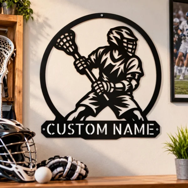Custom Lacrosse Player Metal Sign Personalized Name Sports Room Decor Personalized lacrosse player metal sign featuring custom name text. Unique lacrosse wall art for sports rooms, bedrooms, athletes, and lacrosse fans.