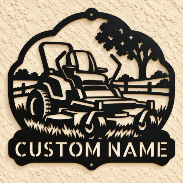 Custom Lawn Mower Metal Sign Personalized Landscaping Yard Decor Custom lawn mower metal sign personalized with a name or business name, featuring laser-cut lawn care wall art for landscaping and yard decor.
