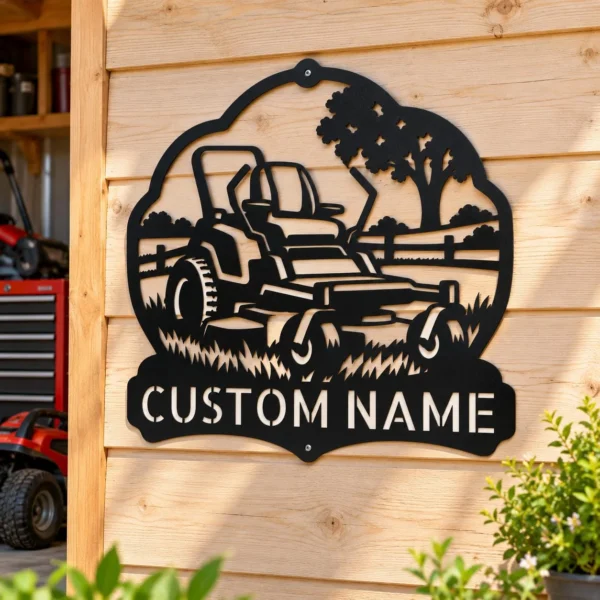 Custom Lawn Mower Metal Sign Personalized Landscaping Yard Decor Custom lawn mower metal sign personalized with a name or business name, featuring laser-cut lawn care wall art for landscaping and yard decor.
