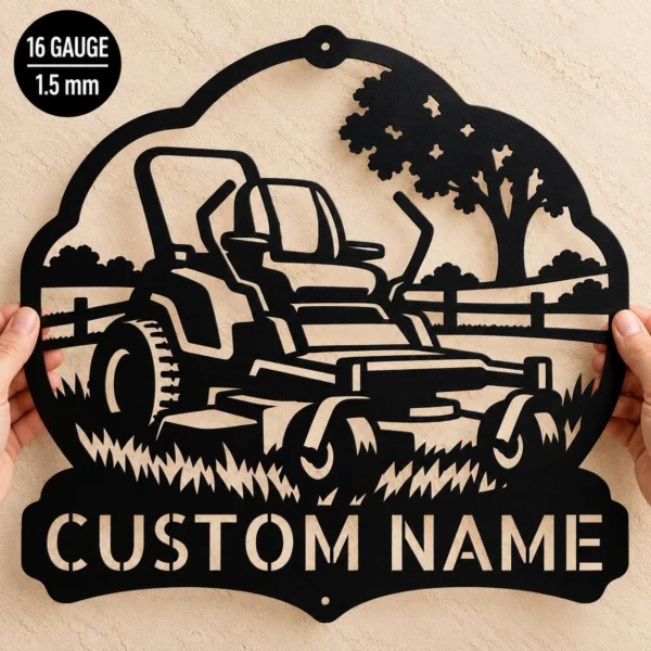 Custom Lawn Mower Metal Sign Personalized Landscaping Yard Decor Custom lawn mower metal sign personalized with a name or business name, featuring laser-cut lawn care wall art for landscaping and yard decor.