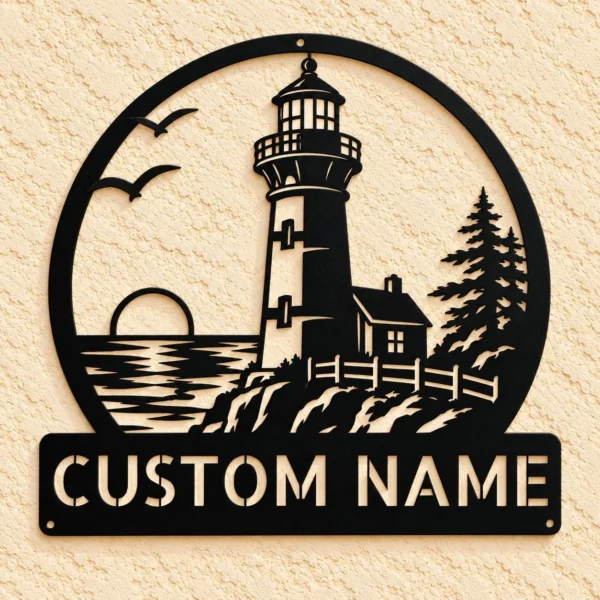 Custom Lighthouse Metal Sign Personalized Nautical Beach House Wall Decor Custom lighthouse metal sign with personalized beach house or family name, nautical coastal wall decor for seaside homes, cottages and ocean lovers.