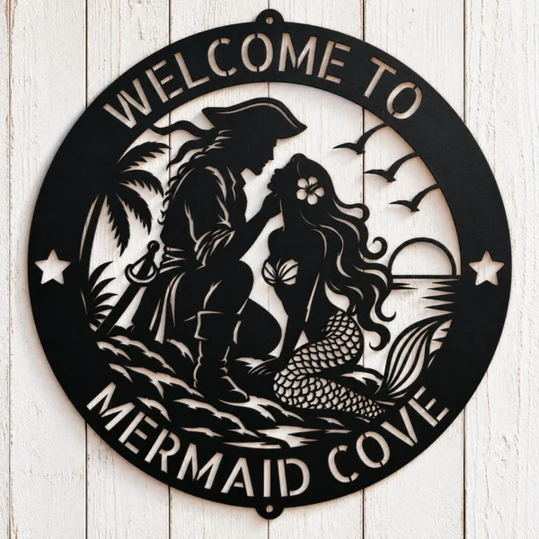 Custom Mermaid and Pirate Metal Art Sign made from 16 gauge steel. Custom nautical wall decor for beach homes, couples gift, and coastal spaces.