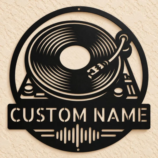 Custom monster old music turntable metal sign with personalized name, vintage vinyl record wall decor and retro music art for collectors and music lovers.
